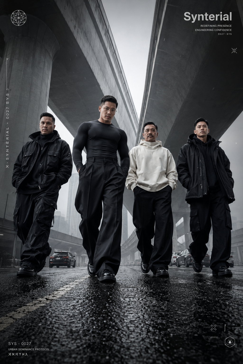Luxury V-Taper Streetwear Runway Formation AI image prompt preview generated with Synterial